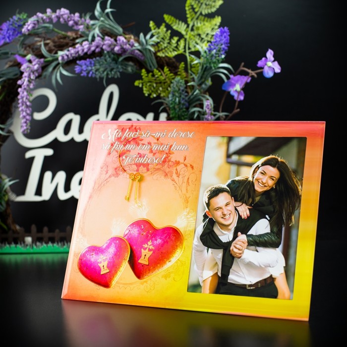 Cadou personalizat Rama foto sticla cu mesaj Te iubesc