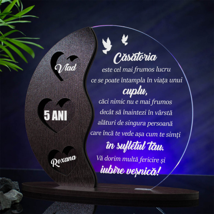 Trofeu 5 ani de casatorie, Nunta de lemn, Cadou personalizat Semiluna