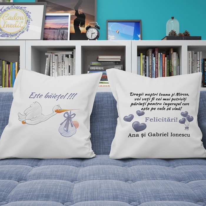 Cadou personalizat Perne Personalizate - Barza aduce un baietel