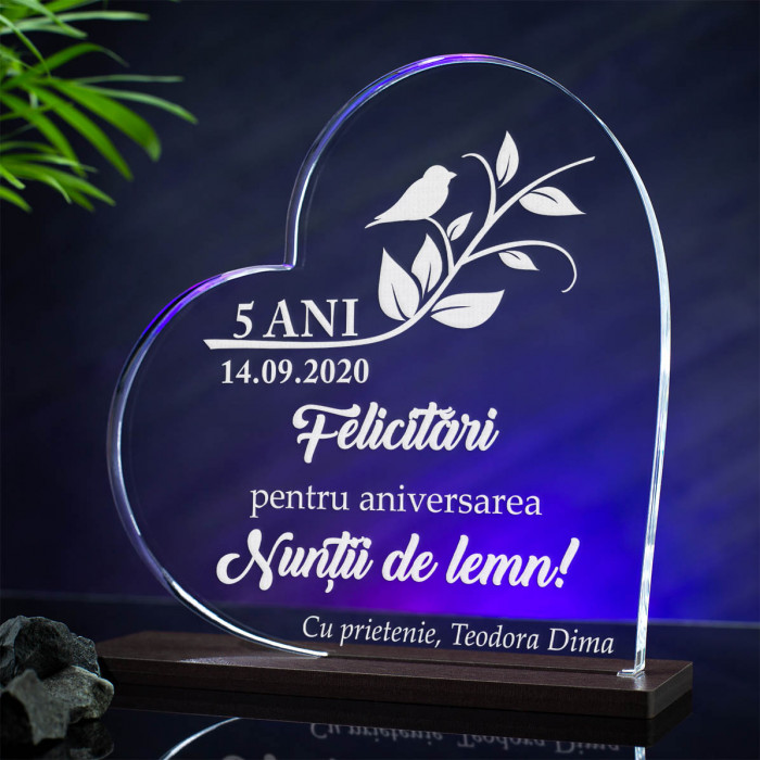 Trofeu Aniversare casatorie 5 ani, Nunta de lemn, Cadou personalizat Inima