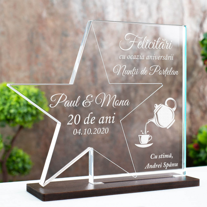 Trofeu Aniversare casatorie 20 ani, Nunta de portelan, Cadou personalizat Stea