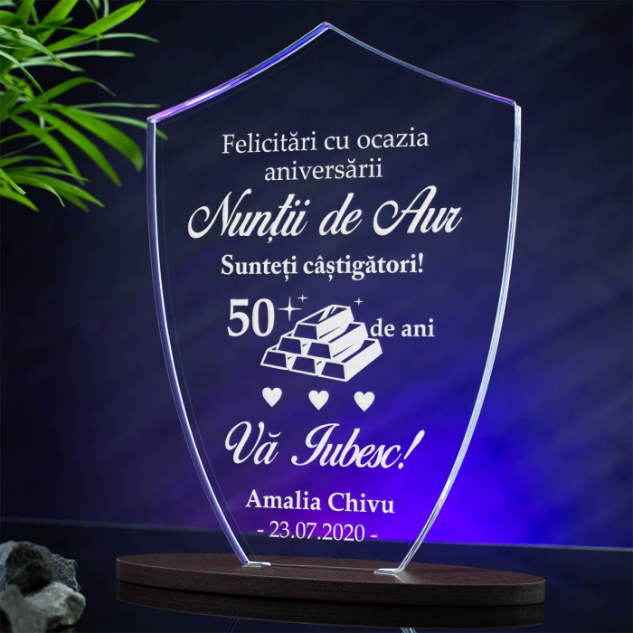 Trofeu Aniversare casatorie 50 ani, Nunta de aur, Cadou personalizat Scut
