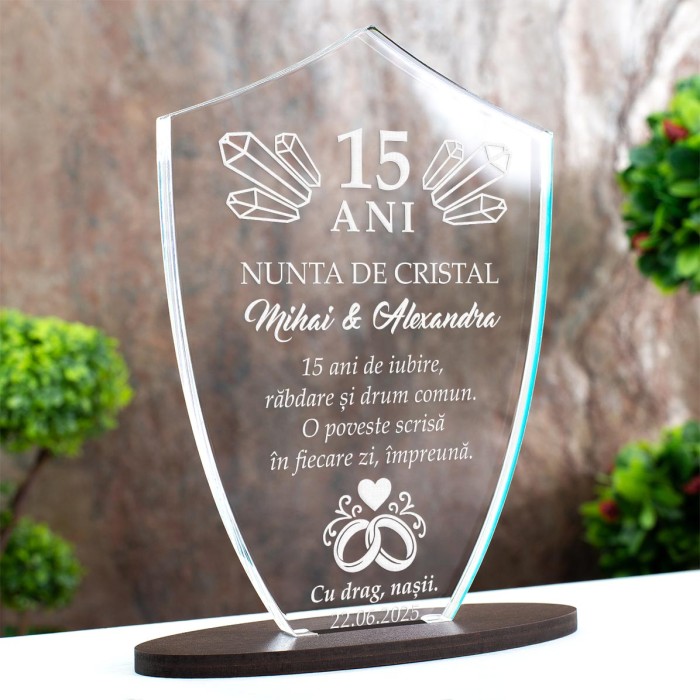 Trofeu Nunti, Nunta de cristal, Cadou personalizat Scut
