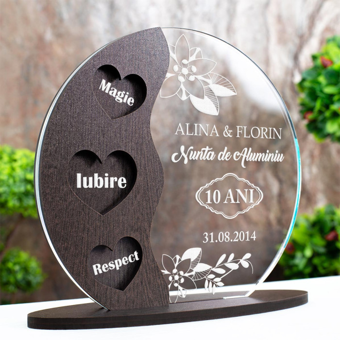 0711 Trofeu Aniversare 10 ani, Nunta de aluminiu, Cadouri personalizate Semiluna Trofee