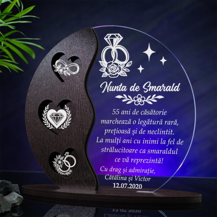 Trofeu Aniversare 55 ani, Nunta de smarald, Cadou personalizat Semiluna