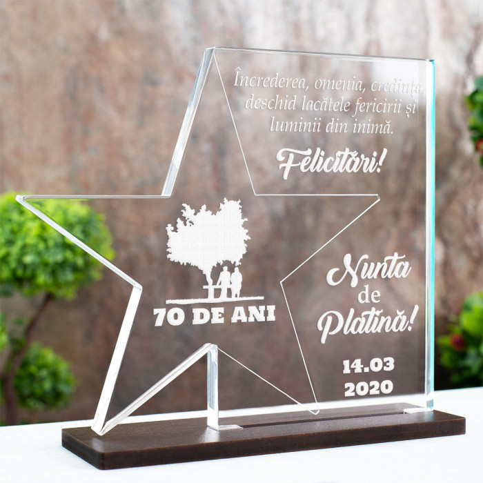 Trofeu Nunta de platina, Casatoriti de 70 ani, Cadou personalizat Stea