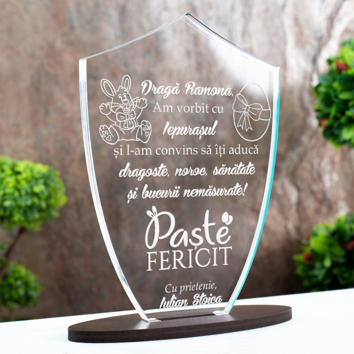 Trofeu Paste, Iepurasul vine cu ganduri bune, Cadou personalizat Scut