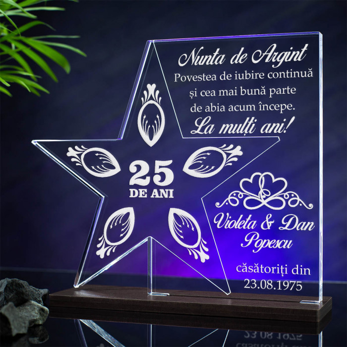 Trofeu Aniversare casatorie 25 de ani, Nunta de argint, Cadou personalizat Stea
