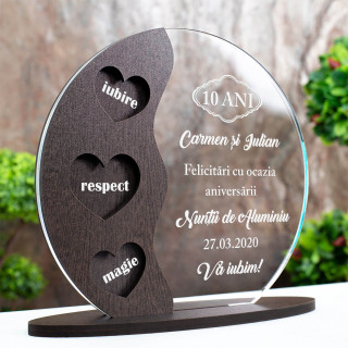 Trofeu Aniversare 10 ani, Nunta de aluminiu, Cadou personalizat Semiluna